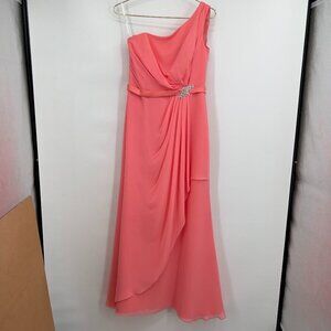 Sophia Tolli Coral One-Shoulder Evening Gown – Ruched Chiffon, Embellished Waist
